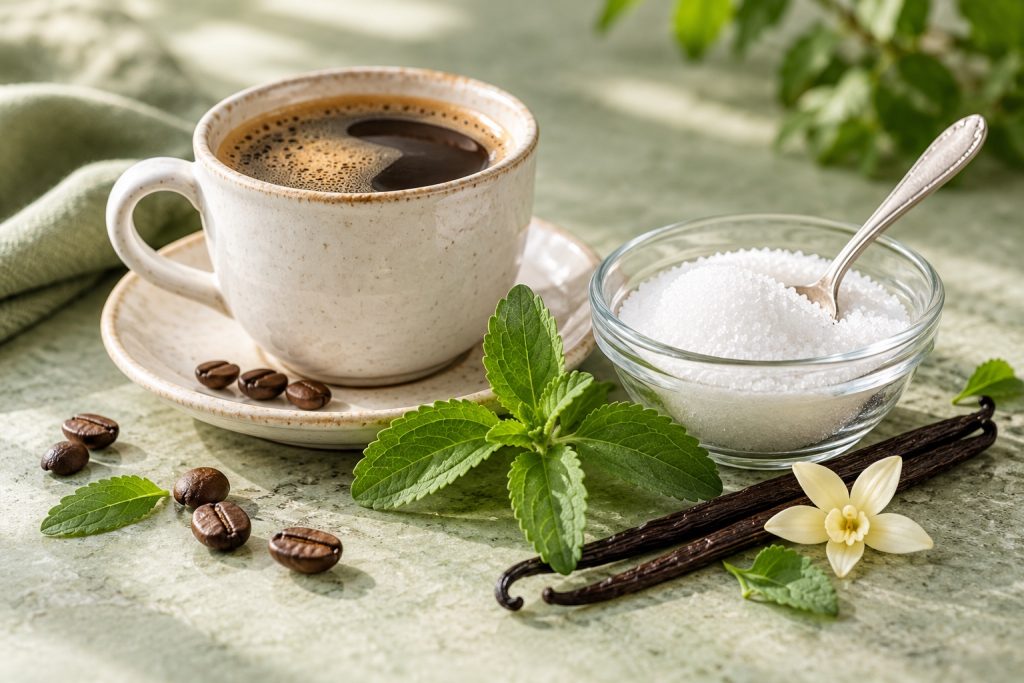 Coffee beside a bowl of sweetener granules, fresh stevia leaves and vanilla pods on a pale green surface.