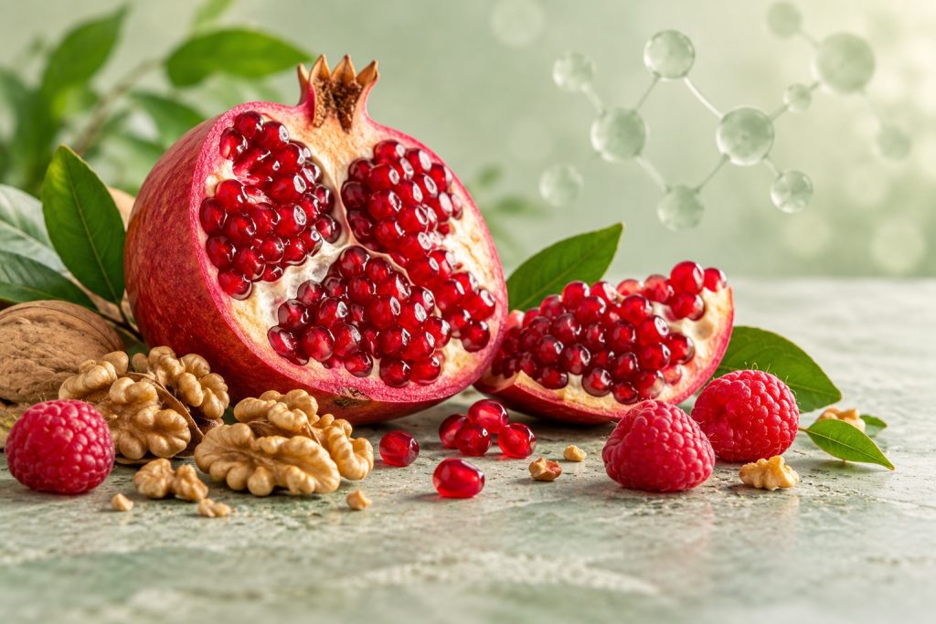 Pomegranate, walnuts and raspberries on a pale green surface, with a subtle molecular motif in the background.