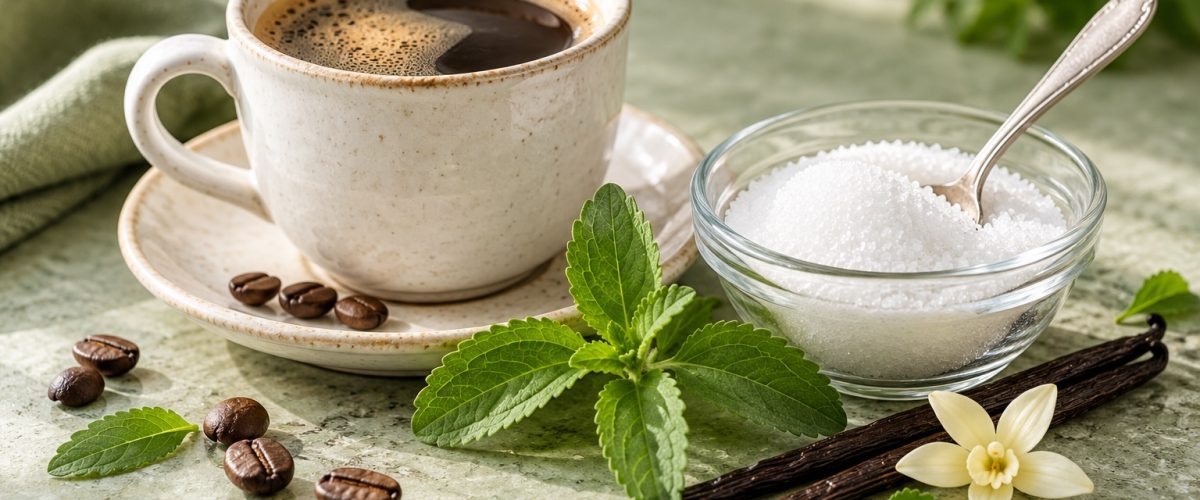 Coffee beside a bowl of sweetener granules, fresh stevia leaves and vanilla pods on a pale green surface.