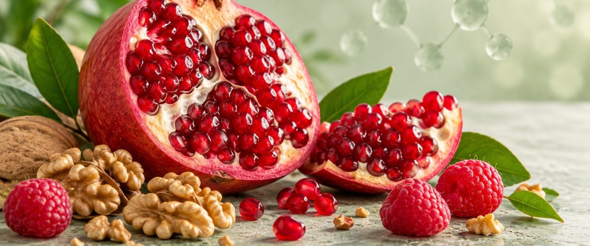 Pomegranate, walnuts and raspberries on a pale green surface, with a subtle molecular motif in the background.